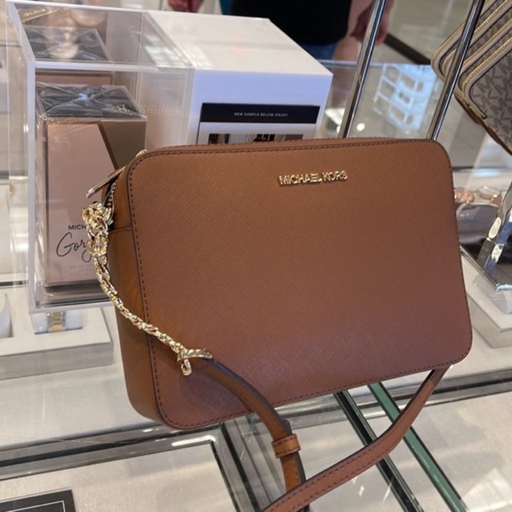 Michael Kors Jet Set Item Large East West Zip Crossbody Leather Luggage